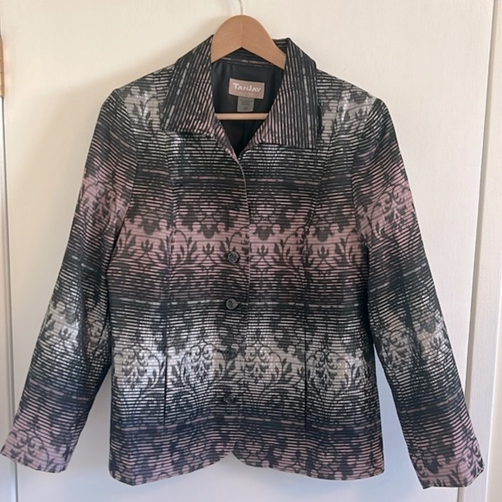 TanJay VGUC black silver pink blazer paisley like pattern. Button up, pockets